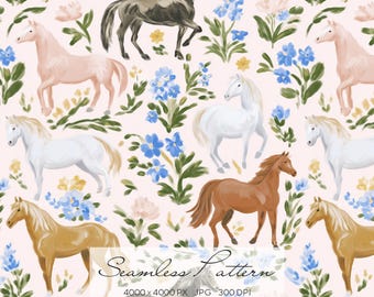 Seamless Cute Horse Pattern, Preppy Kids Fabric Design, Rustic Country Horses, Floral Digital Paper for Scrapbooking & Crafts