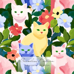 Puede incluir: Patrón sin costuras con gatos estilizados en blanco, amarillo, azul y rosa, entre flores coloridas y follaje verde. Incluye el texto "Seamless Pattern" y detalles de la imagen.