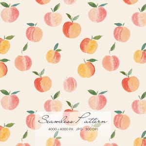 May include: Watercolor seamless pattern featuring peaches in shades of red, orange, and yellow with green leaves. The peaches are scattered on a cream-colored background. The text "Seamless Pattern" is at the bottom.