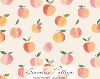 Seamless Watercolor Peach Pattern, Summer Fruit Digital Paper, Hand Painted Repeat for Fabric, Kitchen Decor & Scrapbooking