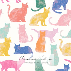 Op de afbeelding: Een naadloos patroon met diverse kattensilhouetten in pasteltinten zoals roze, geel, blauw en groen op een witte achtergrond. De tekst Seamless Pattern 4000 x 4000 PX 300 DPI is zichtbaar in het midden onderaan de afbeelding.