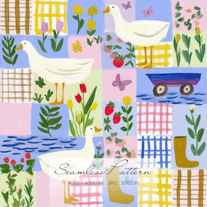 Puede incluir: Patrón sin costuras con patos blancos, fresas, mariposas y flores sobre un fondo de patchwork. El diseño incluye un vagón azul y el texto "Seamless Pattern".