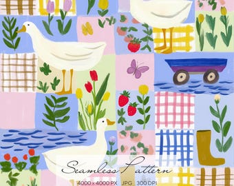 Seamless Duck Farm Pattern, Patchwork Cottage Farm Animals Digital Paper, Spring Country Floral Fabric Design