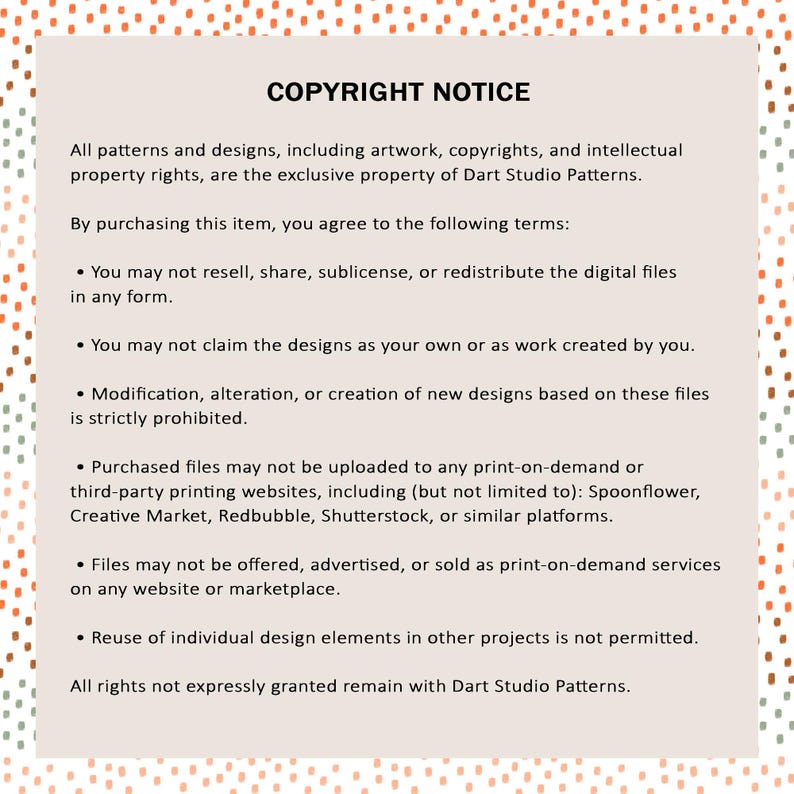 Op de afbeelding: Een beige document met de tekst "COPYRIGHT NOTICE" bovenaan. Het document beschrijft de algemene voorwaarden met betrekking tot het gebruik van patronen en ontwerpen, inclusief kunstwerken en intellectuele eigendomsrechten.