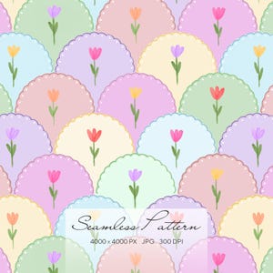 Könnte beinhalten: Ein nahtloses Muster mit bunten Tulpenillustrationen. Jede Tulpe ist vor einem wellenförmigen Hintergrund in Pastelltönen von Rosa, Lila, Gelb, Grün und Blau platziert. Der Text "Seamless Pattern" ist im Bild enthalten.