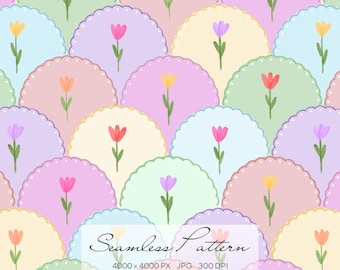 Seamless Floral Stripe Pattern, Tulip Scandinavian Digital Paper, Spring Cottagecore Repeat for Fabric & Wallpaper