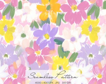 Colorful Painterly Floral Seamless Pattern, Abstract Brushstroke Flowers, Spring Summer Pastel Botanical Repeat