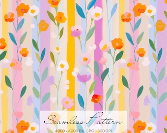 Seamless Pattern with Bright Flowers and Stripes, Oil Painting Style Floral Digital Paper, Repeating Background for Scrapbook