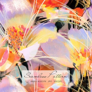 Peut inclure: Un motif numérique sans couture présentant des formes florales abstraites dans des tons vifs d'orange, de jaune, de violet et de rose. Le design inclut de fines lignes blanches et des traits sombres, avec le texte Seamless Pattern 4000 x 4000 PX JPG 300 DPI.
