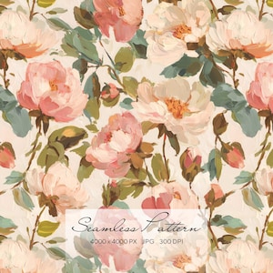 May include: A seamless pattern featuring a floral design with large, painterly peonies in shades of pink, peach, and cream, accented by green leaves and stems. The text "Seamless Pattern" is displayed at the bottom.
