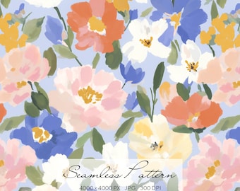 Seamless Oil Painted Floral Pattern, Acrylic Style Spring Flower Digital Paper, Pastel Cottagecore Repeat for Fabric, Wallpaper