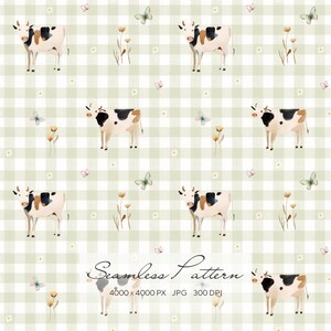 Puede incluir: Un patrón sin costuras con ilustraciones de acuarela de vacas, mariposas y flores silvestres sobre un fondo a cuadros verde claro y blanco. El texto "Seamless Pattern" se muestra en la parte inferior.