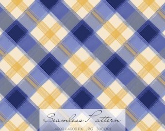 Blue Yellow Plaid Seamless Pattern, Textured Gingham Check, Hand Drawn Tartan, Classic Checkered Fabric Design