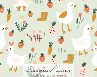 Cute Farm Goose Seamless Pattern, Strawberry & Duck Nursery Print, Whimsical Baby Farm Animals Pastel Design