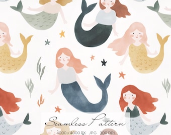 Mermaid Seamless Pattern, Cute Ocean Girls Digital Paper, Kids Underwater Pattern, Pastel Coastal Fabric Design