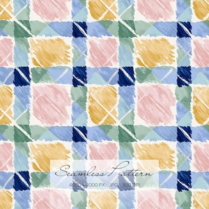May include: A seamless pattern featuring a grid design with watercolor-style blocks in shades of blue, pink, yellow, and green. The blocks are outlined with dark blue lines and white crosshatch details. The text "Seamless Pattern" is at the bottom.