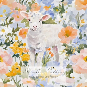 Spring Lamb Seamless Pattern – Watercolor Floral Farm Print for Nursery Fabric, Easter Wallpaper, Cottagecore Digital Paper & Textile Design