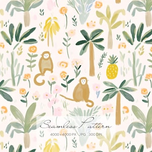 May include: A seamless pattern featuring painted illustrations of monkeys, palm trees, pineapples, and flowers in shades of green, yellow, and pink on a light background. The text reads Seamless Pattern 4000 x 4000 PX JPG 300 DPI.