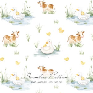 Op de afbeelding: Naadloos aquarelpatroon met eenden en hun eendjes, koeien en gele kuikens. Het ontwerp bevat waterelementen en grasrijke gebieden, waardoor een pastorale scène ontstaat. De tekst "Seamless Pattern" wordt onderaan weergegeven.