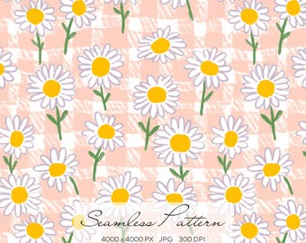 Daisy Seamless Pattern, Gingham Floral Print, Cute Cottagecore Flowers, Spring Summer Fabric Design, Pastel Daisy Digital Paper