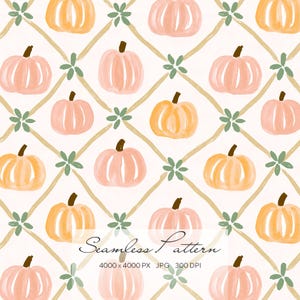 Op de afbeelding: Een naadloos patroon met handgeschilderde pompoenen in oranje en zachte roze tinten, gerangschikt in een beige ruitpatroon met kleine groene bloemaccenten op elk kruispunt. De tekst Seamless Pattern 4000 x 4000 PX JPG 300 DPI is zichtbaar.
