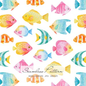 Op de afbeelding: Een naadloos patroon met aquarel illustraties van diverse kleurrijke vissen. De vissen zijn in tinten geel, oranje, roze, blauw en groen, met gedetailleerde vinnen en schubben. De tekst "Seamless Pattern" staat onderaan.