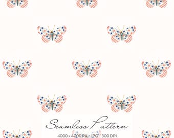 Patriotic Butterfly Seamless Pattern, USA Flag Stars and Stripes Print, Americana Red Blue Fourth of July Design