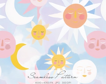 Seamless Celestial Sun Moon Pattern, Pastel Nursery Digital Paper, Cute Sky Repeat for Fabric & Kids Wallpaper