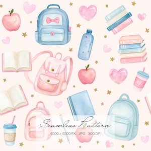 Nahtloses Muster „Schulstart“, digitales Aquarellpapier für Schulmaterialien, niedlicher rosa-blauer Rucksackdruck