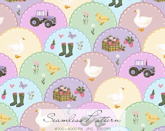 Seamless Digital Farm Pattern | Cottagecore Style | Ducks, Tractor, Geese | Printable Paper | Colorful Nursery Fabric Decor