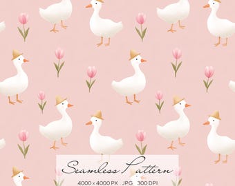 Cottagecore Goose Seamless Pattern, Cute Duck Digital Paper, Farm Animal Pattern, Minimal Floral Background, Nursery Style Repeat