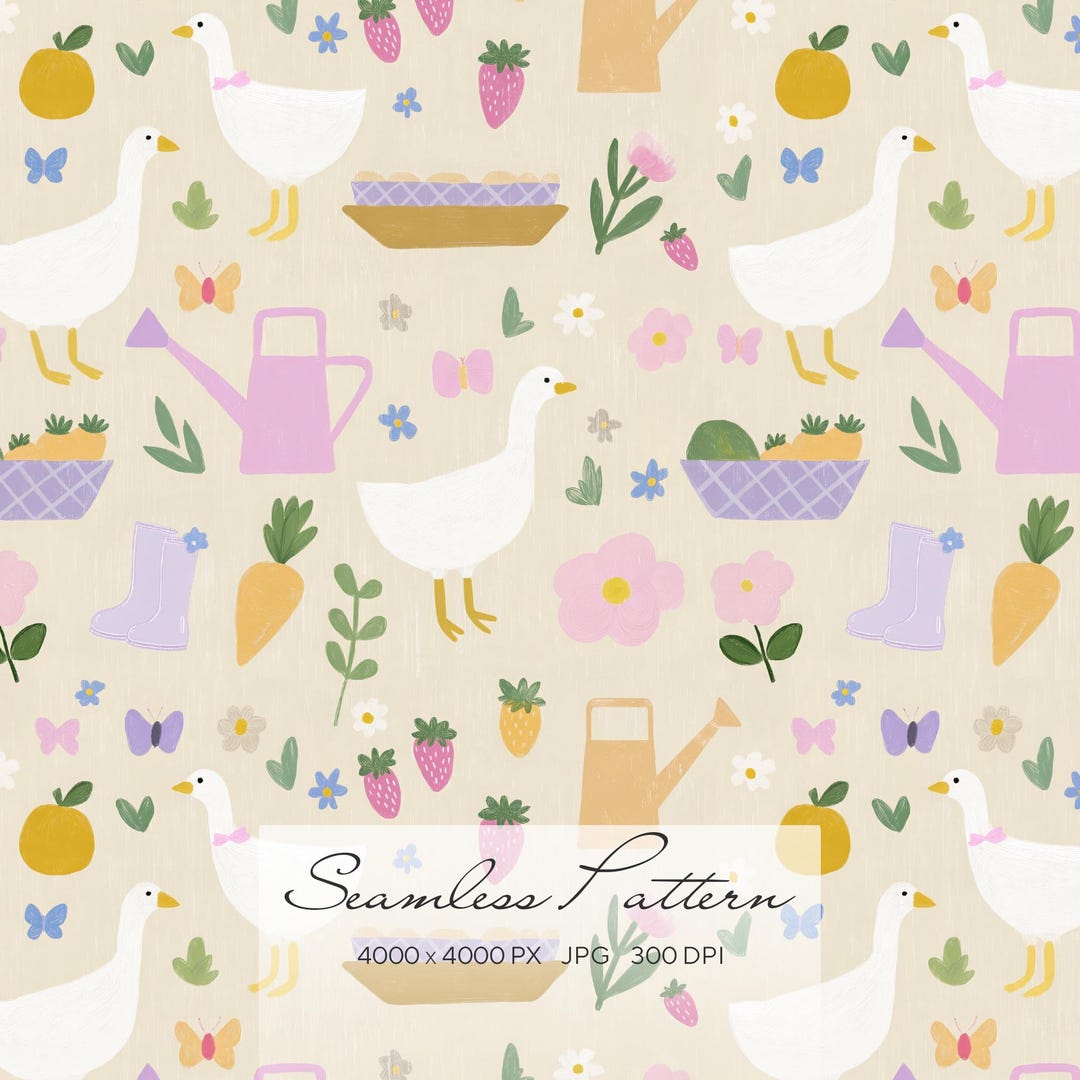 Goose Farm Seamless Pattern, Cottagecore Garden Digital Paper, Spring ...