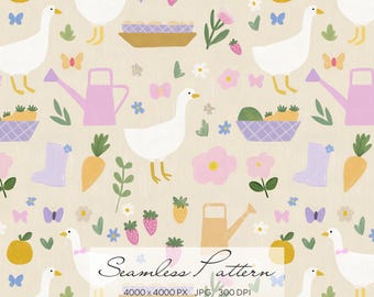Goose Farm Seamless Pattern, Cottagecore Garden Digital Paper, Spring Farm Animals Pattern, Cute Country Kitchen Print, Rustic Goose Repeat