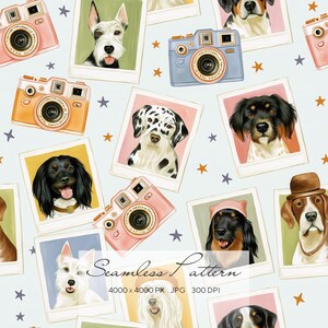 Dog Photography Seamless Pattern, Cute Puppy Portrait Camera Print, Retro Pet Lover Fabric, Scrapbook Paper