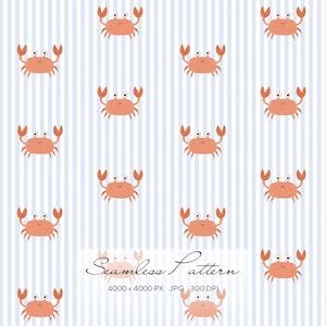 May include: A repeating pattern of cartoon crabs in orange, set against a background of blue and white vertical stripes. The crabs have large claws and smiling faces. The words "Seamless Pattern" are written in cursive.