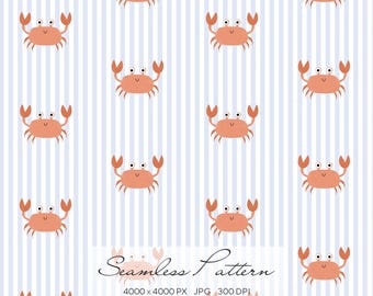 Seamless Crab Pattern, Nautical Coastal Digital Paper, Cute Sea Life Stripe Repeat for Fabric & Kids Wallpaper