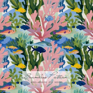May include: Seamless pattern featuring an underwater scene with colorful fish, coral, and seaweed. The design includes yellow, blue, and orange fish swimming among pink coral and green seaweed against a white background. The text "Seamless Pattern" is at the bottom.