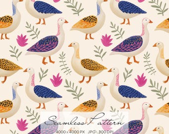 Colorful Goose Seamless Pattern, Whimsical Farm Animal Print, Cute Duck Pattern, Scandinavian Nursery Design, Modern Folk Art Digital Paper