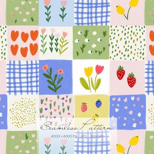 Op de afbeelding: Een kleurrijk naadloos patroon met vierkanten met verschillende ontwerpen. De vierkanten bevatten illustraties van harten, bloemen, aardbeien en bessen. Het patroon bevat een blauw geruit ontwerp en de tekst "Seamless Pattern".