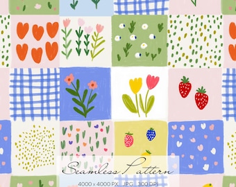 Seamless Patchwork Folk Pattern, Cute Colorful Floral Fruit Animal Design, Folk Art Fabric Print, Scrapbooking Paper, Surface Pattern