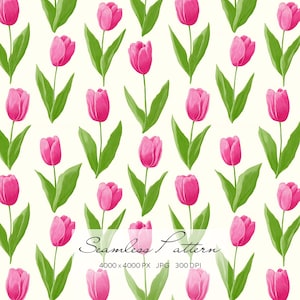 Könnte beinhalten: Nahtloses Muster mit rosa Tulpen und grünen Blättern auf cremefarbenem Hintergrund. Die Blumen sind gleichmäßig verteilt und bilden ein sich wiederholendes Blumenmuster. Der Text "Seamless Pattern" befindet sich unten im Bild.
