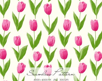 Pink Tulip Seamless Pattern, Spring Floral Digital Paper, Cute Flower Repeat Print for Fabric, Wallpaper, Scrapbooking, Textile Design