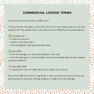 Op de afbeelding: Lichtgroen document met de tekst 'COMMERCIAL LICENSE TERMS'. Het document beschrijft de voorwaarden van een commerci&euml;le licentie, inclusief gebruiksrechten voor maximaal 500 eenheden, geschikt voor kleine bedrijven en textielfabrikanten.