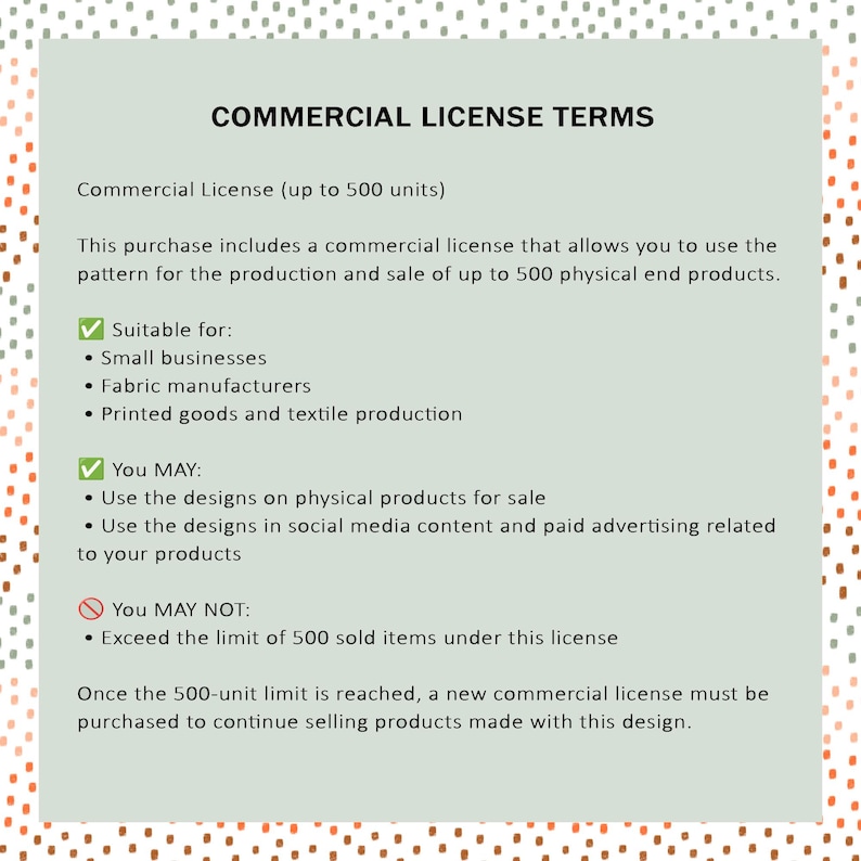 Op de afbeelding: Lichtgroen document met de tekst 'COMMERCIAL LICENSE TERMS'. Het document beschrijft de voorwaarden van een commerci&euml;le licentie, inclusief gebruiksrechten voor maximaal 500 eenheden, geschikt voor kleine bedrijven en textielfabrikanten.