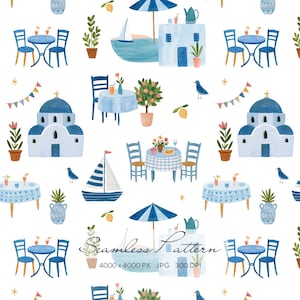 Pode incluir: Padrão aquarela sem costura com elementos das ilhas gregas. O design inclui edifícios azuis e brancos, veleiros, mesas com cadeiras, limoeiros e pássaros. O texto "Seamless Pattern" também está presente.