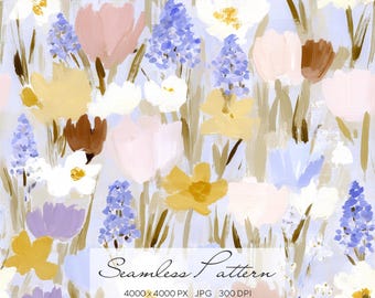 Seamless Pastel Wildflower Pattern, Preppy Floral Oil Painting Digital Paper, Repeating Background for Fabric, Textile Design & Scrapbooking