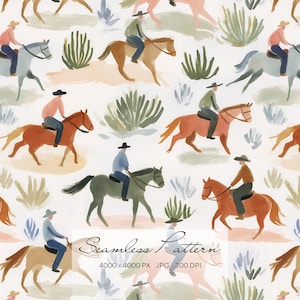 Seamless Cowboy Horse Pattern, Western Ranch Digital Paper, Desert Theme Repeat for Fabric & Wallpaper