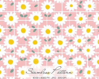 Pink Daisy Seamless Pattern, Gingham Floral Print, Cute Cottagecore Flowers, Coquette Aesthetic Pattern, Spring Summer Digital Paper