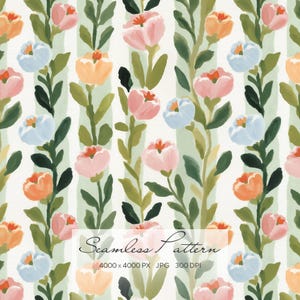 Hand Painted Garden Flowers Seamless Pattern, Vertical Botanical Stripe Repeat for Wallpaper and Textile Design