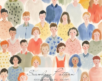 People Seamless Pattern, Hand Painted Character Digital Paper, Crowd Illustration Pattern, Artistic Portrait Background, Painterly Figure